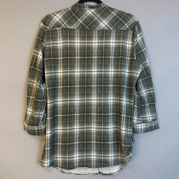 Eden & Olivia Green White Plaid Button Down Shirt Zip Pocket Top Small Womens - Picture 2 of 10
